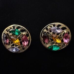Vibrant Rhinestone Clip-On Earrings in Gold Tone